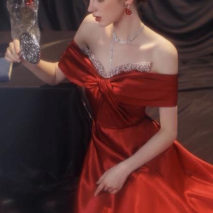 Off Shoulder Evening Dress,red Party Dress,satin..