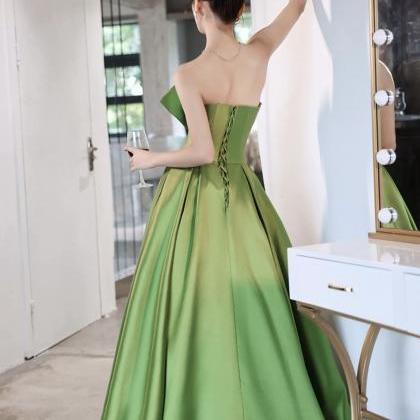 Strapless Evening Gown, Green Satin Dress,..