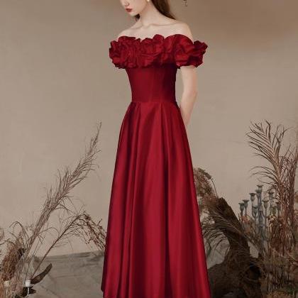 Burgundy Evening Gown, Satin Off -shoulder Prom..