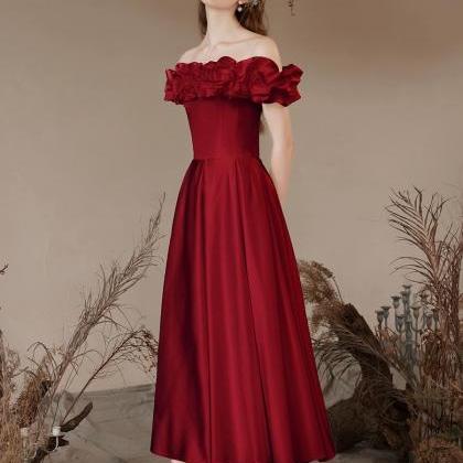 Burgundy Evening Gown, Satin Off -shoulder Prom..