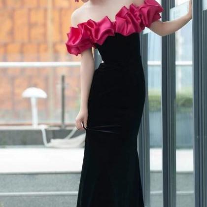 Black Velvet Evening Dress, Floral Prom Dress,..
