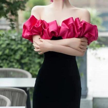 Black Velvet Evening Dress, Floral Prom Dress,..
