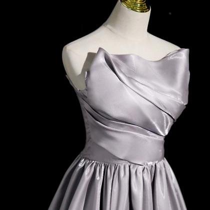 Strapless Evening Gown, Gray Satin Dress, Formal..