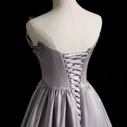 Strapless Evening Gown, Gray Satin Dress, Formal..
