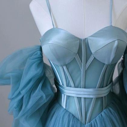 Full sleeve sky blue rich satin-sheer bodice baby party gown with  multi-layer flared tulle