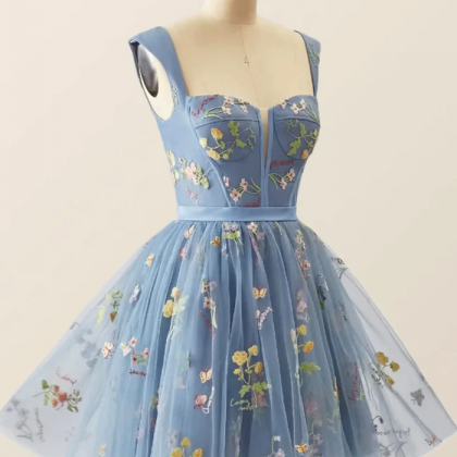 Blue Knee Length Tulle Party Dress, Cute Blue..
