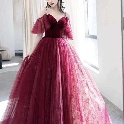Burgundy V-neck Velvet And Tulle Long Prom Dress,..