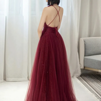 Burgundy Tulle Long A-line Prom Dress, V-neck..
