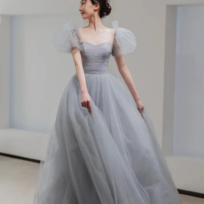Gray Tulle Floor Length A-line Prom Dress, Lovely..