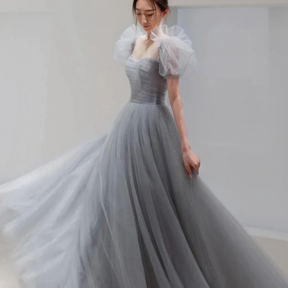 Gray Tulle Floor Length A-line Prom Dress, Lovely..