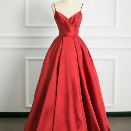 Red V-neck Satin Long A-line Prom Dress, Simple..