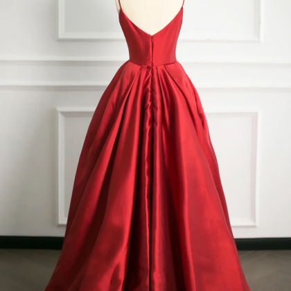 Red V-neck Satin Long A-line Prom Dress, Simple..