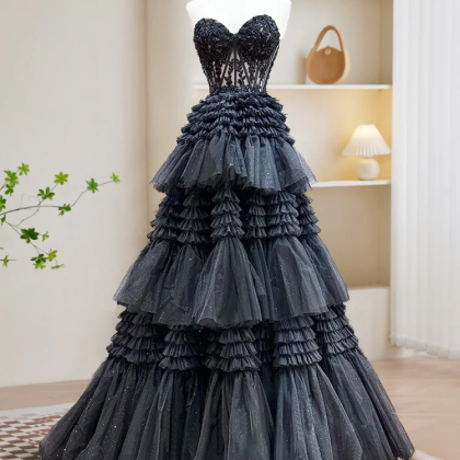 A-line Sweetheart Neck Lace Black Long Prom Dress,..