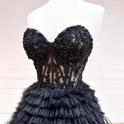 A-line Sweetheart Neck Lace Black Long Prom Dress,..
