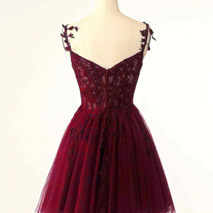 Burgundy A-line Tulle Lace Short Prom Dress, Cute..
