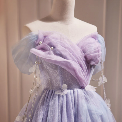 Purple Off Shoulder Tulle Short Prom Dress, Purple..