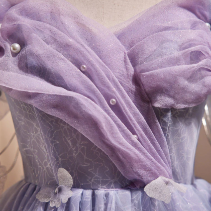 Purple Off Shoulder Tulle Short Prom Dress, Purple..