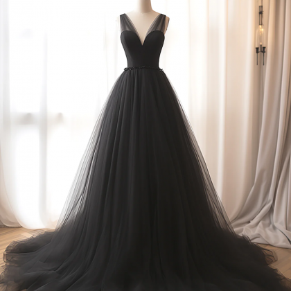 A-line V Neck Tulle Black Long Prom Dress, Black..