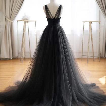 A-line V Neck Tulle Black Long Prom Dress, Black..