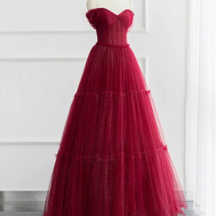A-line Tulle Burgundy Long Prom Dress, Tulle Long..