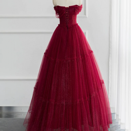 A-line Tulle Burgundy Long Prom Dress, Tulle Long..