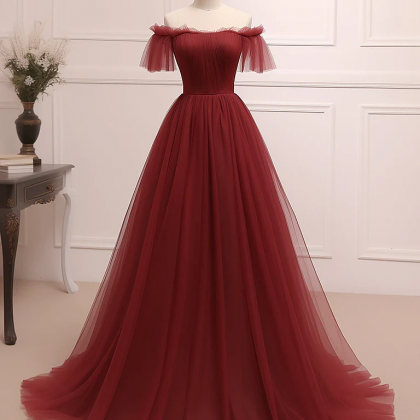 A-line Burgundy Tulle Long Prom Dress, Burgundy..