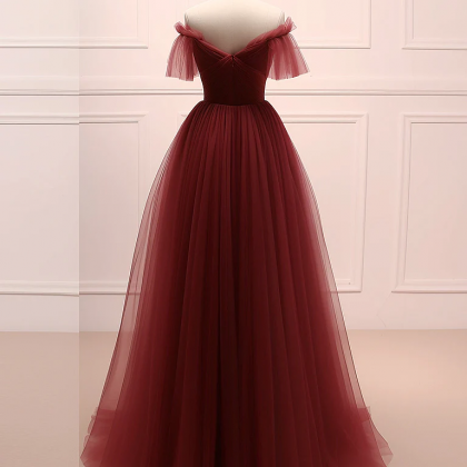 A-line Burgundy Tulle Long Prom Dress, Burgundy..