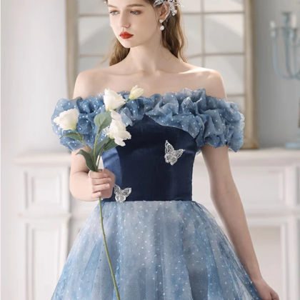 Enchanted Evening Blue Tulle Gown With Ruffled..