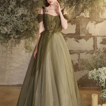 A- Line Off Shoulder Green Tulle Long Prom Dress,..
