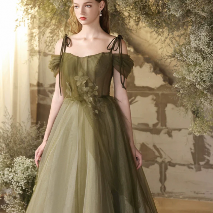 A- Line Off Shoulder Green Tulle Long Prom Dress,..