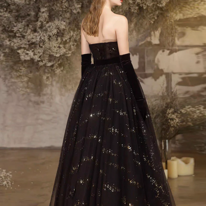 A-line Tulle Sequin Black Long Prom Dress, Black..