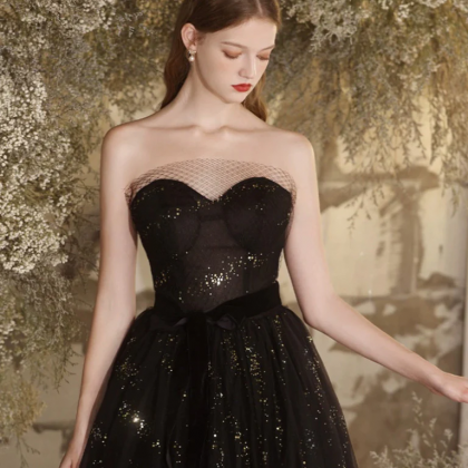 A-line Tulle Sequin Black Long Prom Dress, Black..
