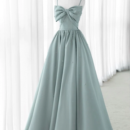 A-line Sweetheart Neck Satin Beads Blue Long Prom..