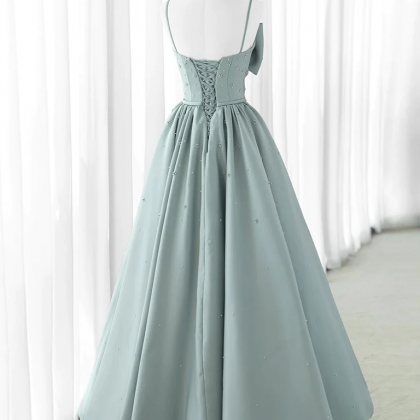 A-line Sweetheart Neck Satin Beads Blue Long Prom..