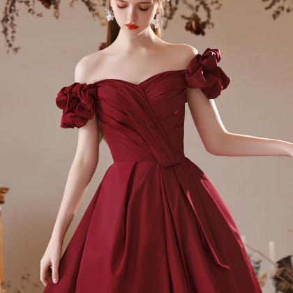 Burgundy Off Shoulder Satin Long Prom Dresses,..