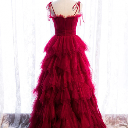 Majestic Ruby Red Tulle Gown With Tie-shoulder..