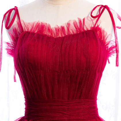 Majestic Ruby Red Tulle Gown With Tie-shoulder..