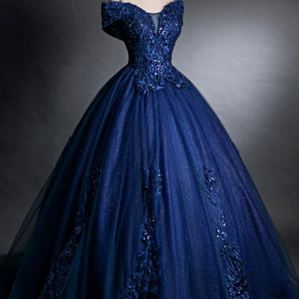 Blue Tulle Lace Long A-line Ball Gown, Off The..