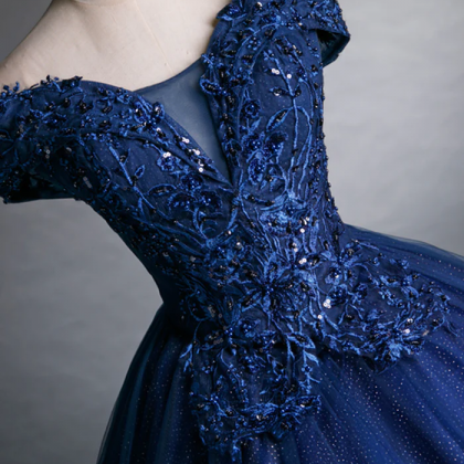 Blue Tulle Lace Long A-line Ball Gown, Off The..