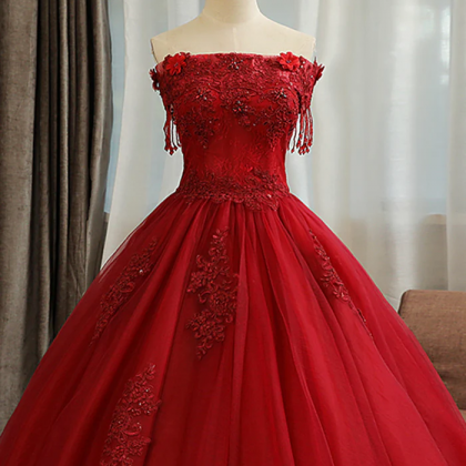 Burgundy Tulle Lace Long Prom Dress, Burgundy..