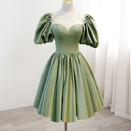 A-line Green Puffy Sleeve Satin Short Prom Dress,..