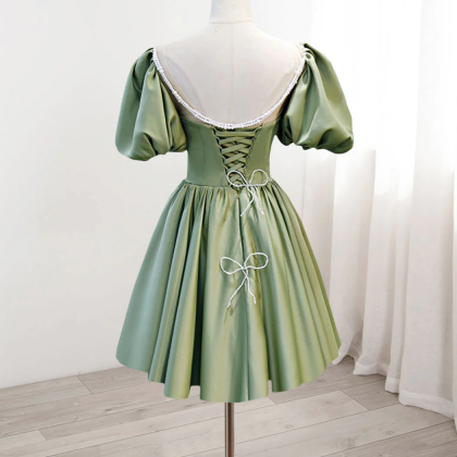 A-line Green Puffy Sleeve Satin Short Prom Dress,..