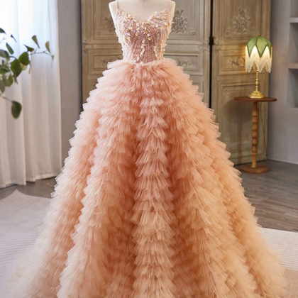 Enchanting Peach Tulle Ball Gown With Beaded..