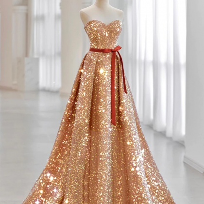 A Line V Neck Beaded Sequin Prom Dress Champagne Shiny Evening Dress main image 1