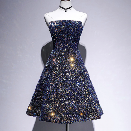 Dark Blue A-line Sequin Lace Short Prom Dress,..