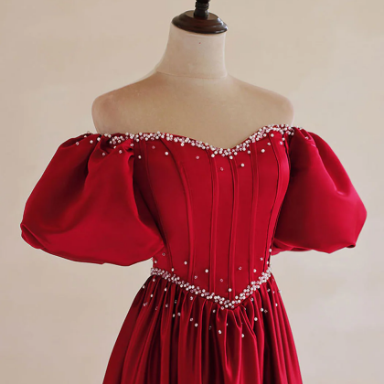 A-line Burgundy Satin Puff Sleeves Long Prom..