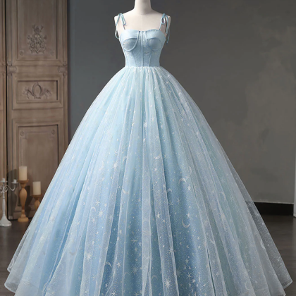 Blue A-line Tulle Long Prom Dress, Blue Formal..