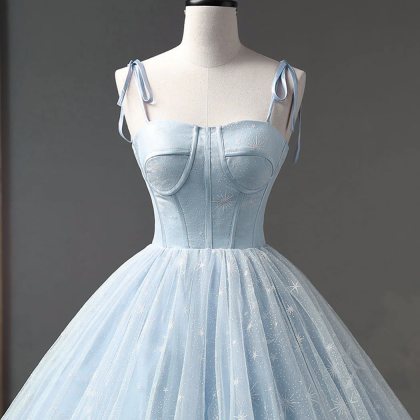 Blue A-line Tulle Long Prom Dress, Blue Formal..