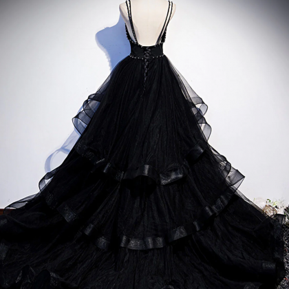 Black V Neck Tulle Long Prom Dress, Black Formal..