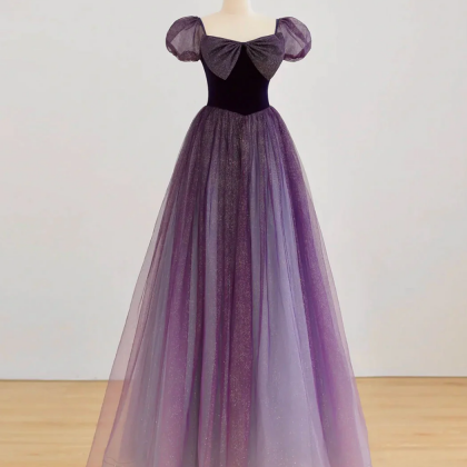 A-line Purple Long Prom Dress, Purple Tulle..